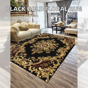 Tapis en polyester noir et or à imprimé floral turc classique pour salon, tapis de zone de canapé, décoration intérieure, chevet, balcon, table de cuisine - Product Image 2