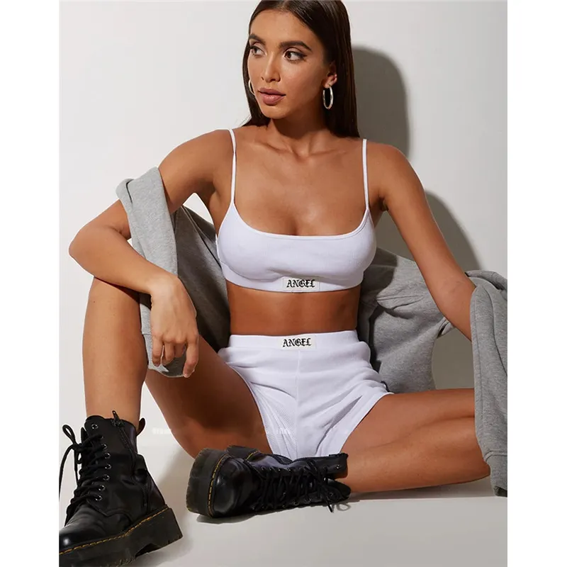 Two Piece Solid Color OEM Wholesale 2021 Summer Women High Waist Tank Top And Biker Shorts Set
