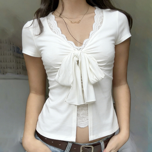Camiseta Y2K Dulce para Mujer con Encaje y Lazo Delantero, Manga Corta, Estilo Casual y Delicado, Blusa de Moda para Dama, Venta al por Mayor - Product Image 1