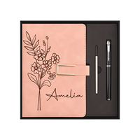 Carnet en cuir de luxe personnalisé pour femme, avec gravure laser du nom et fleur de naissance, ensemble journal et stylo assorti, promotionnel
