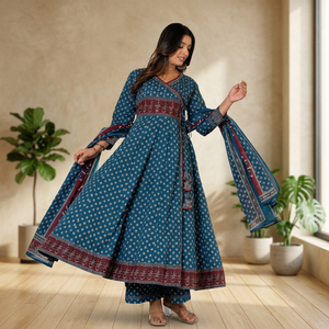 Robe longue en dentelle éco-responsable style bohème, col en V, manches longues, motif floral bleu à pois, broderie rouge, bordure contrastante, coupe droite, silhouette fourreau - Product Image 3
