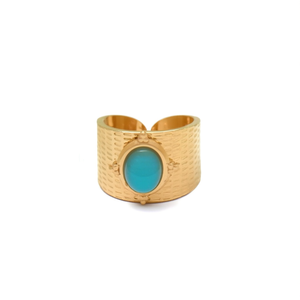 Fashion <b>Ring</b> 316L Stainless Steel PVD Gold Plating Turquoise Stone Oval Design <b>Adjustable</b> Band - Product Image 2