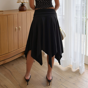 Black Fold-Over Waistband High Slit Asymmetric Breathable Ruched Summer Casual Women's Midi <b>Skirt</b> - Product Image 6