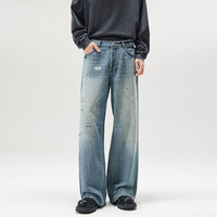 Jeans en denim pour hommes en gros, en tissu de coton, effet éclaboussures de peinture, délavé, vieilli, coupe ample et droite, style streetwear
