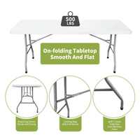 Tables pliantes rectangulaires portables en plastique HDPE blanc de 6 pieds, faciles à nettoyer, résistantes à l'humidité, pliables en deux, longues