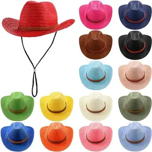 Erkekler için hasır kovboy şapka renkli batı parti yığınları güneş koruma geniş şapka yaz plaj için