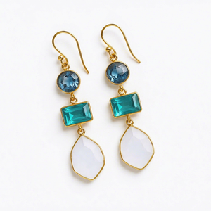 Boucles d'oreilles pendantes géométriques longues en quartz bleu, apatite, pierre de lune blanche, plaqué or 18 carats, argent sterling, cadeau de mariage, anniversaire - Product Image 1