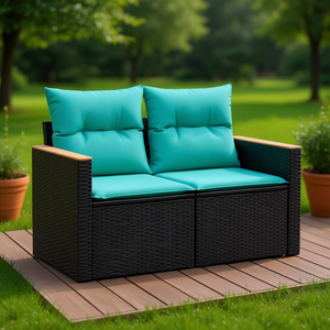 Canapé de patio en polyrotin noir 2 places avec coussins, canapé de jardin extérieur, design contemporain, résistant à l'eau et aux UV - Product Image 2