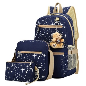 Estrela impressa lona mochila com urso pingente 3pcs Set para adolescentes meninos meninas Zipper encerramento escola bookbags Crossbody <span class=keywords><strong>Bag</strong></span> - Product Image 1