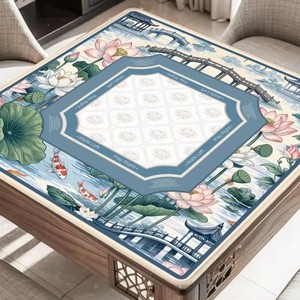 แผ่นรองโต๊ะกันลื่นลายดอกบัวโคอิ สีน้ำเงินสไตล์จีน พร้อมกฎเกณฑ์ - Product Image 3