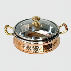 Juego de utensilios de cocina indios tradicionales con estilo, tapa de vidrio con Base de cobre martillado, apto para lavavajillas, duradero, fácil mantenimiento, catering para el hogar - Product Image 1
