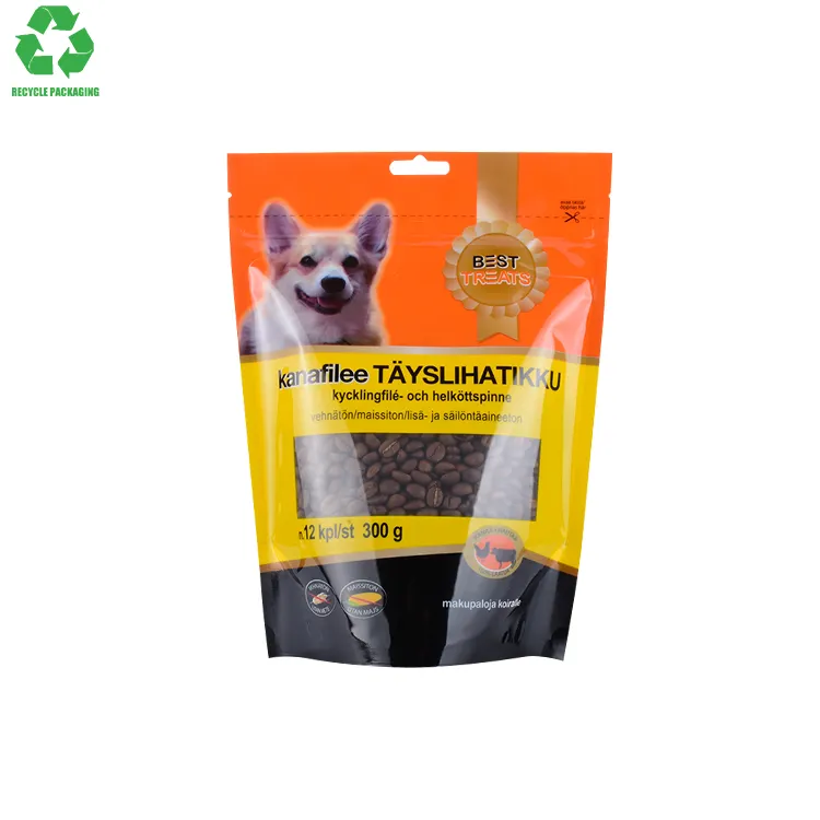 Riciclabile 250G 70micron giallo angolo rotondo PCR-PE per uso alimentare Stand-Up cibo per animali domestici sacchetti di imballaggio stampa con tacca a strappo