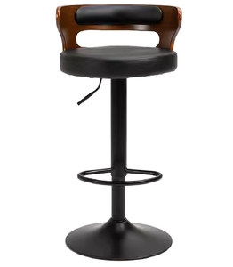 Modern <b>Vintage</b> Bar Chair with Wooden Wrap-Around Backrest, Leather Round Cushion and Black Pedestal for Cafe - Product Image 2