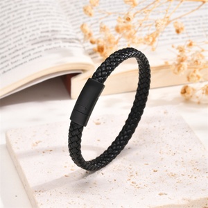 Fashion Minimalist High End Jewelry <b>Mens</b> Stainless Steel Button Black Leather Bracelets - Product Image 2