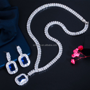 Fashion Bling Gold Plated Square Blue Cubic Zirconia Necklace Drop Earrings Women Party Jewelry Set for Wedding Brides <strong>Costume</strong> - Product Image 2