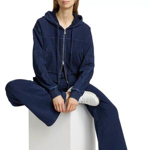 Hoodie en jean court zippé personnalisé pour fille, avec logo imprimé en relief, effet vieilli, épaules tombantes, style streetwear, survêtement - Product Image 2