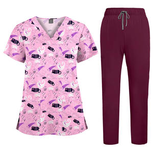 新作 プリント 半袖 スクラブスーツ 無地 トップス＋パンツセット 看護師ユニフォーム 医師 病院 クリニック ワークウェア ツーピースセット - Product Image 5