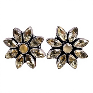 Wholesale Handmade Silver Plated Sunflower <b>Cat</b> Eye Glass Bezel Setting Stud <b>Earrings</b> Statement Gift for Women - Product Image 4