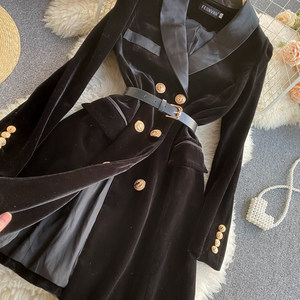 Di alta qualità autunno inverno nero elegante donna <span class=keywords><strong>doppio</strong></span> <span class=keywords><strong>petto</strong></span> velluto abito lungo Blazer per le signore - Product Image 4