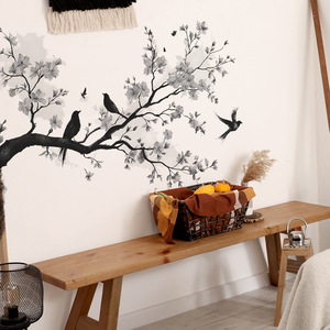 Autocollants muraux en PVC de style chinois, motif floral noir avec oiseaux, décoratifs pour chambre et salon - Product Image 1