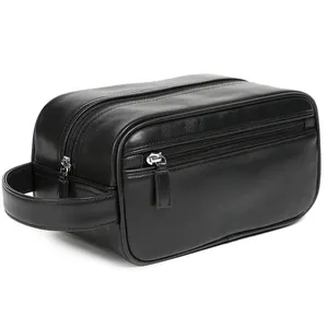 Wholesale Men Black Matte Washing Bags Cosmetic Storage Bag Soft Leather Biodegradable Toilet Hanging Vegan Leather Fashion Bag