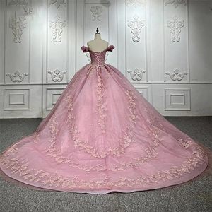 LY-QD0025 abito da ballo Quinceanera per ragazze adolescenti 15 anni con spalle scoperte <span class=keywords><strong>rosa</strong></span> gonna da <span class=keywords><strong>principessa</strong></span> con corsetto in pizzo abito da festa - Product Image 3