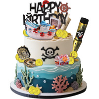 Décorations de gâteau d'anniversaire sur le thème des pirates, ensemble de décorations de gâteau avec bateau pirate, coffre au trésor, télescope, fournitures pour fêtes
