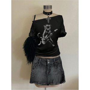 FOXA Women's Off Shoulder <b>Gothic</b> Graphic Tee Short Sleeve Asymmetrical Oversized Y2K T <b>Shirt</b> - Product Image 4