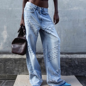 Nueva Llegada, Jeans de Pierna Ancha Personalizados de Alta Calidad para Mujer, Jeans de Calle, Algodón, Lavado Ácido, Desgastados, Estilo Cargo, Holgados - Product Image 1
