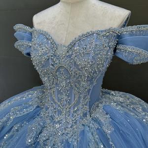 हॉट सेल आधुनिक ब्लू क्विंनेरा बॉल गाउन और बैक डिज़ाइन ट्रेन शाम के साथ काली पोशाक और बैक डिज़ाइन ट्रेन शाम - Product Image 3