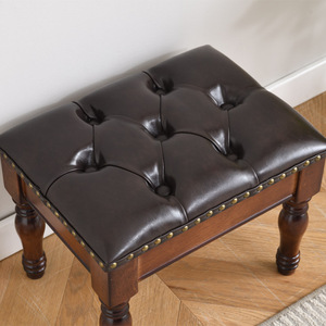 American Style Genuine Leather <b>Stool</b> Solid Wood Coffee <b>Table</b> <b>Stool</b> Home Footstool Low Square Ottoman 400x300x300mm - Product Image 3