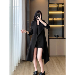 Black Trench Coat Women Mid Length Solid Color Woven Fabric Comfortable No Wrinkle Treatment Autumn Style - Product Image 1