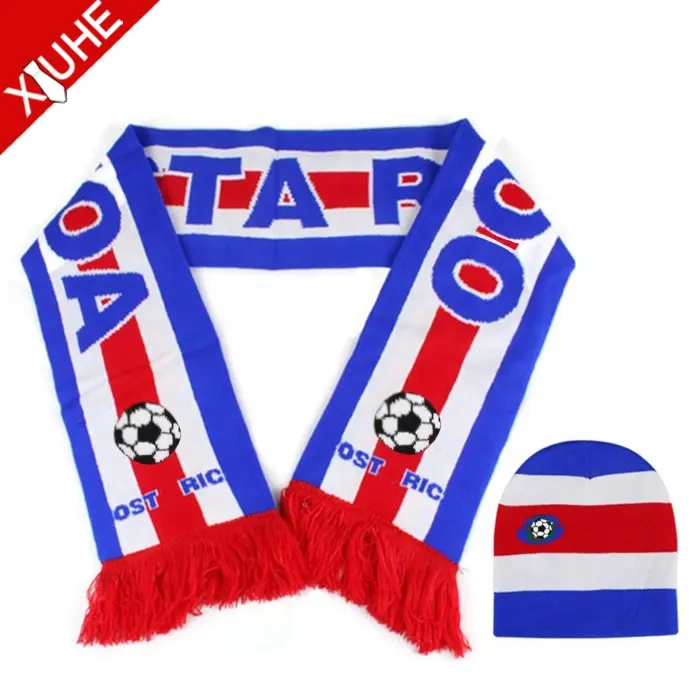 High Quality Double Side Custom Knitted Neck Fan Football Knitted Soccer Blue Scarves and Hat Custom Soccer Football Scarf
