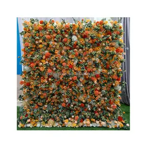 New Arrivals Artificial Orange Rose And Chrysanthemum With Plants Flower Wall Wedding Backdrop Silk Decorative Flower Wall