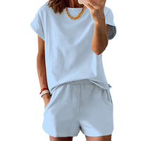 Ensemble deux pièces short et haut col rond en polyester et élasthanne pour femme, grande taille, au-dessus du genou, collection été 2026, style européen et américain
