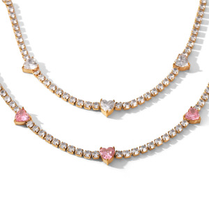 Dainty Heart Shaped Pink <b>White</b> Zircon Link <b>Bracelet</b> Anti Tarnish Polished Stainless Steel Ladies Accessories - Product Image 4