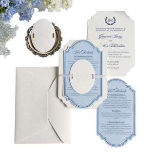 Invitation de <span class=keywords><strong>mariage</strong></span> de luxe bleu poussière, carton de coton 600 g/m², gaufrage à sec, forme personnalisée, impression typographique, suite de cartes de <span class=keywords><strong>mariage</strong></span> élégante - Product Image 1