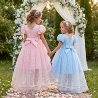 Gaun Pesta Anak Perempuan Model Puff Sleeve Polka Dot dengan Ekor, Gaun Putri untuk Pernikahan, Pengiring Pengantin, Penampilan Piano, atau Kostum