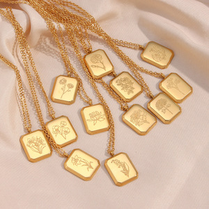 Kalung liontin besi tahan karat berlapis emas asli baru 2024 kalung lahir bunga <span class=keywords><strong>Tarot</strong></span> persegi 12 bulan - Product Image 1