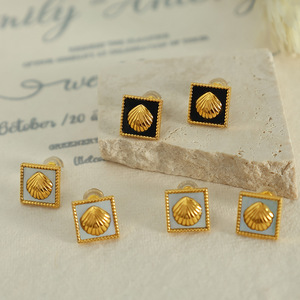 Pendientes geométricos con diseño de concha, pendientes cuadrados de aleación de zinc en oro negro, joyería de moda para mujer, estilo Otoño Invierno - Product Image 2
