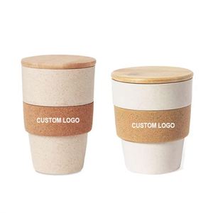 แก้วกาแฟคุณภาพสูงแบบ OEM ใช้ซ้ำได้ ขนาด 350 มล. 420 มล. ทำจากวัสดุฟางข้าวสาลี พร้อมฝาไม้ไผ่และด้ามจับไม้ก๊อก - Product Image 1