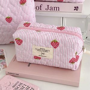 Custom Strawberry Stripes Pink Cosmetic <b>Bag</b> Print Large Capacity Portable Travel Storage Pouch Quilted Makeup Toiletry <b>Bag</b> - Product Image 4