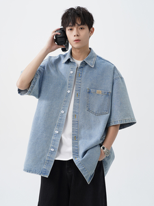 Camicie da uomo <span class=keywords><strong>Oversize</strong></span> Casual da uomo leggere camicie corte in Denim lavate camicie estive da uomo - Product Image 4