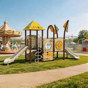 Aire <span class=keywords><strong>de</strong></span> <span class=keywords><strong>jeux</strong></span> extérieure pour enfants, style <span class=keywords><strong>cabane</strong></span> tropicale, <span class=keywords><strong>avec</strong></span> toboggan combiné en panneaux PE à double piste, pour parcs et maternelles - Product Image 1