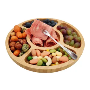 Eco friendly reusable round wood, bamboo plate tableware, wooden fruit bread plate