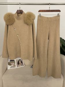 Printemps-Automne Pull Cardigan en Tricot à Demi-Col Roulé avec Épaules en Fourrure <span class=keywords><strong>de</strong></span> Renard Véritable Pantalon Long Ensemble Deux Pièces - Product Image 3