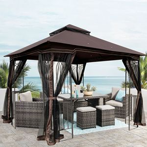10x10 Brown Top Outdoor Patio Gazebo <b>Canopy</b> <b>Tent</b> Double Roof Detachable Mesh Screen All Sides Ventilated Garden Netting Garden - Product Image 1
