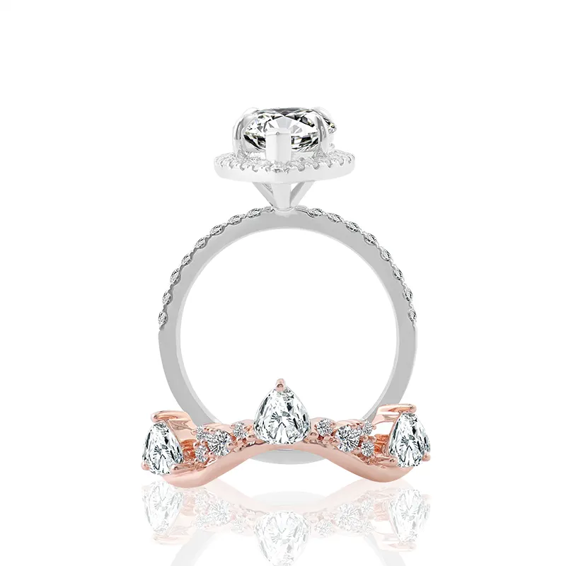 Customized pear moissanite engagement rings set 14k rose gold statement ring set wedding promise ring set Bridal wedding jewelry