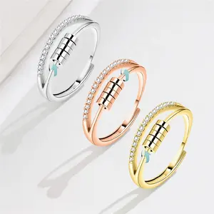 Hợp thời trang Đồ trang sức mỹ S925 Sterling Silver Nữ Quay Five-Ring xoay Thần Tài giảm lo lắng hạt chỉ số ngón đeo nhẫn