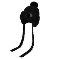 Bonnet en tricot côtelé en polyester avec lunettes de protection et pompon en fausse fourrure, chaud pour l'hiver, pour femme, pour l'extérieur